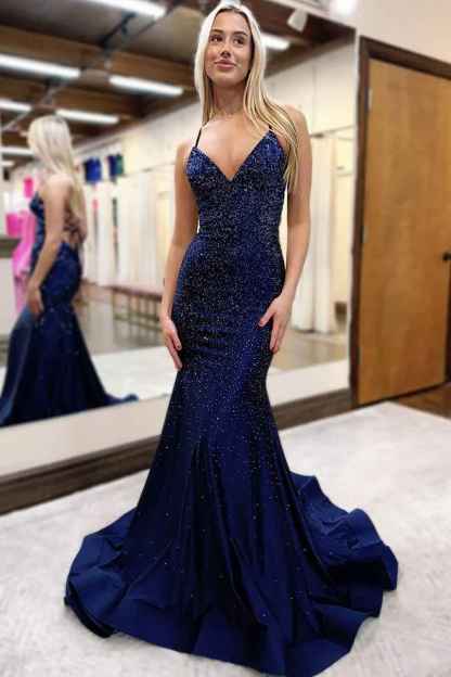 Red Spaghetti Straps Mermaid Long Prom Dress with Beading