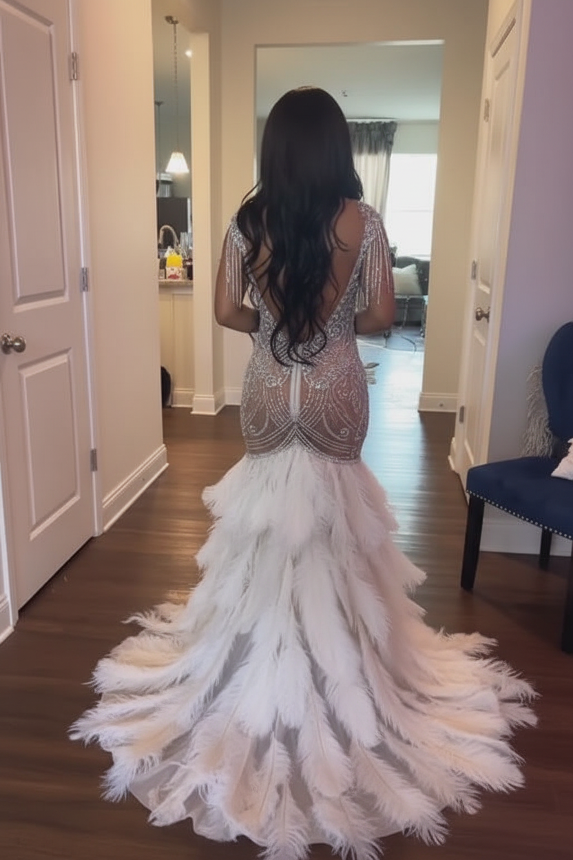 The Silver Swan - 2026 Silver Crystal Feather Illusion Mermaid Gown: Plunging V-Neckline with Sheer Bodice, Crystal Beadwork & White Feather Skirt