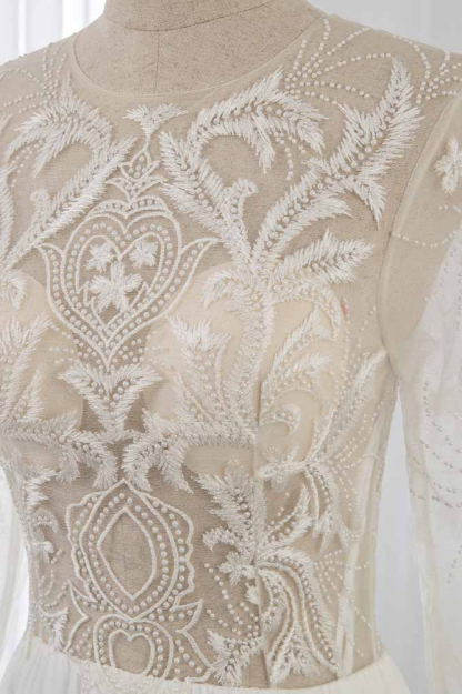 BMbridal Affordable Jewel Chiffon Ruffles Wedding Dresses Lace Top Long Sleeves Bridal Gowns Online