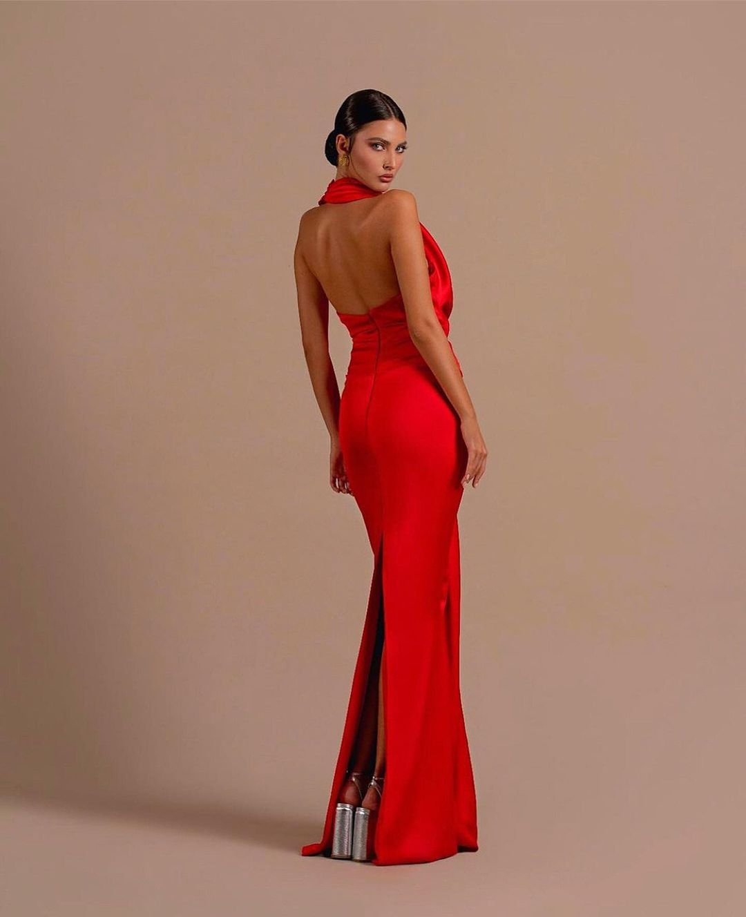 Bmbridal Red Halter V-Neck Prom Dress Mermaid Sleeveless Long