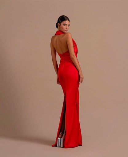 Bmbridal Red Halter V-Neck Prom Dress Mermaid Sleeveless Long