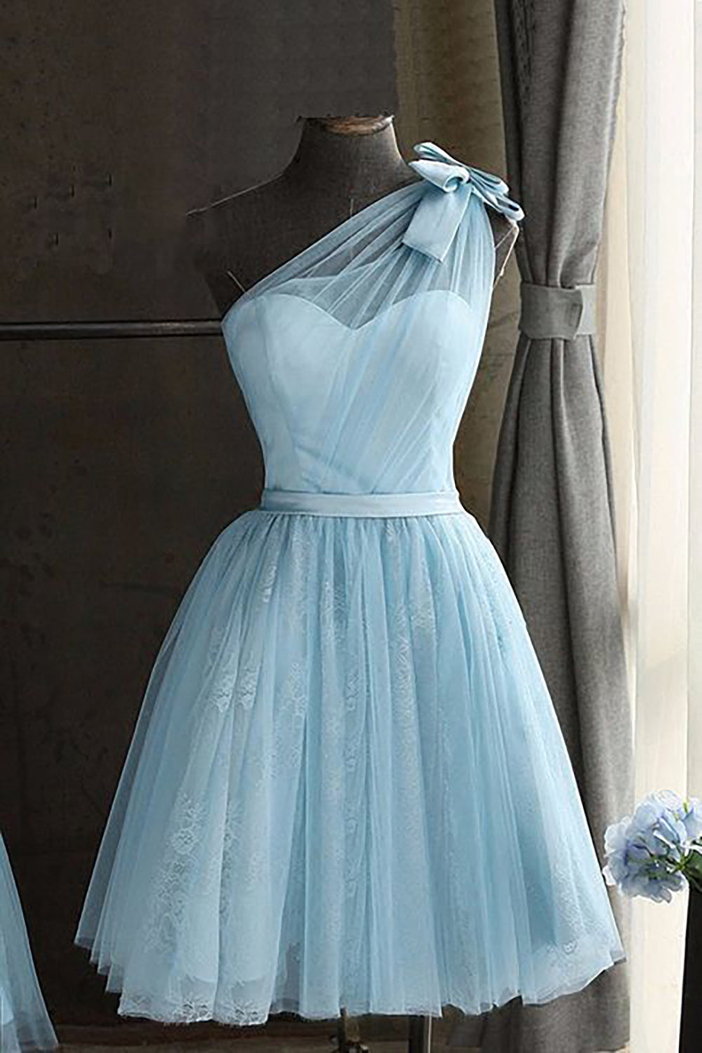 One Shoulder Blue Homecoming Dress With Bowknot-BMbridal