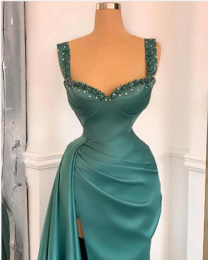 BMbridal Straps Beadings Long Prom Dress With Slit