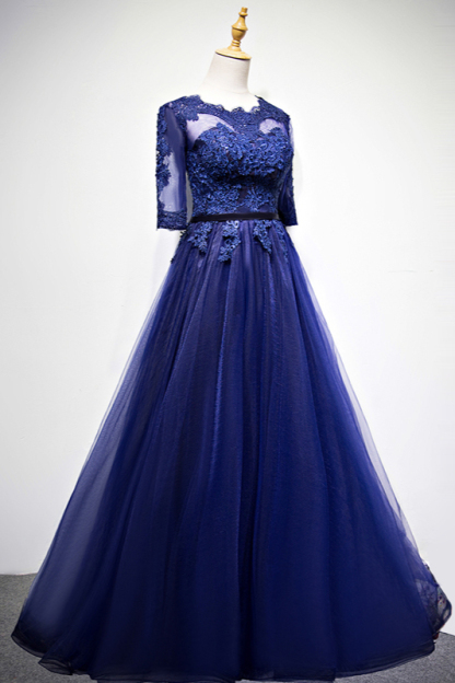 BMbridal Elegant Jewel Dark Navy Tulle Ruffle Prom Dresses Long Sleeves Appliques Formal Dresses with Rhinestones-BMbridal