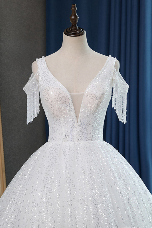 BMbridal Sparkly Sequins White Tulle Ball Gown Wedding Dress Cold-Shoulder V-Neck Bridal Gowns with Tassels On Sale-BMbridal