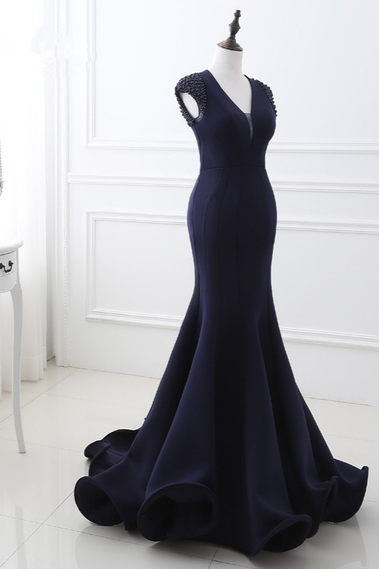 BMbridal Stylish V-Neck Mermaid Black Prom Dresses Sleeveless Beadings Open Back Party Dresses On Sale-BMbridal