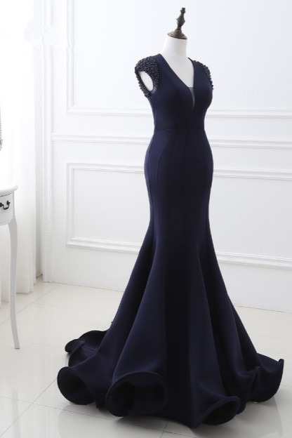 BMbridal Stylish V-Neck Mermaid Black Prom Dresses Sleeveless Beadings Open Back Party Dresses On Sale-BMbridal