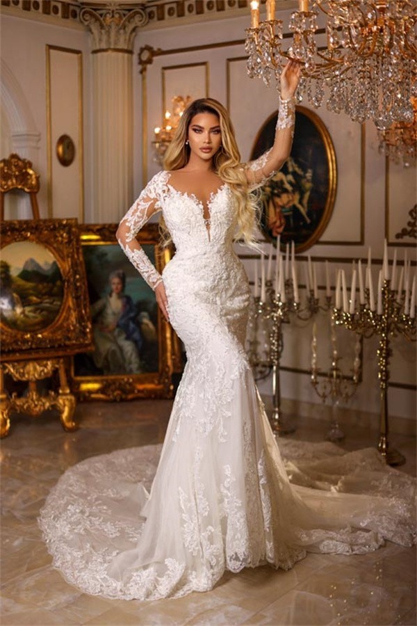 Bmbridal Long Sleeves Lace Wedding Gown Mermaid V-Neck Online-BMbridal