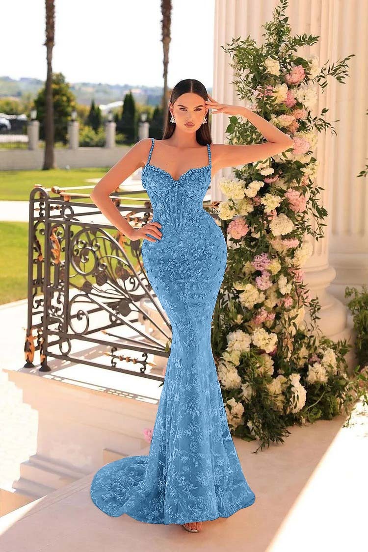 Spaghetti Strap Sleeveless Mermaid Appliques Long Prom Dress With Beadings