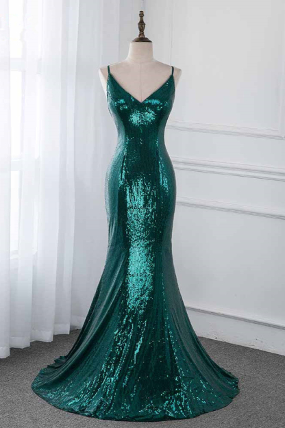 BMbridal Sparkly Sequined Spaghetti Straps V-Neck Prom Dresses with Backless Online