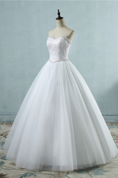 BMbridal Affordable Strapless Tulle Lace Wedding Dresses Sweetheart Sleeveless Bridal Gowns with Pearls Online-BMbridal