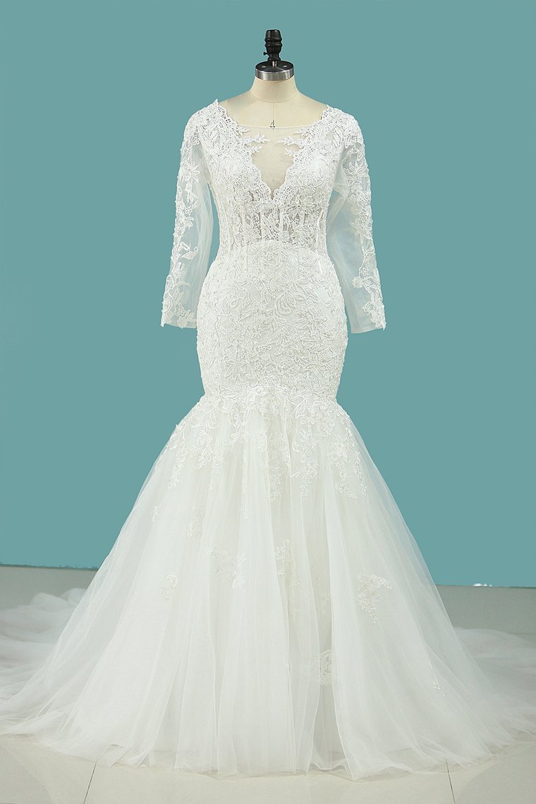 BMbridal Elegant Square Tulle Lace Wedding Dress Mermaid Long Sleeves Appliques Bridal Gowns On Sale-BMbridal