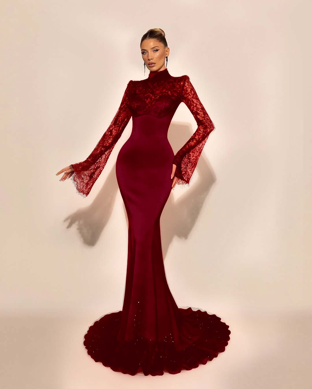 High Neck Lace Long Sleeves Long Mermaid Prom Dress With Pleated