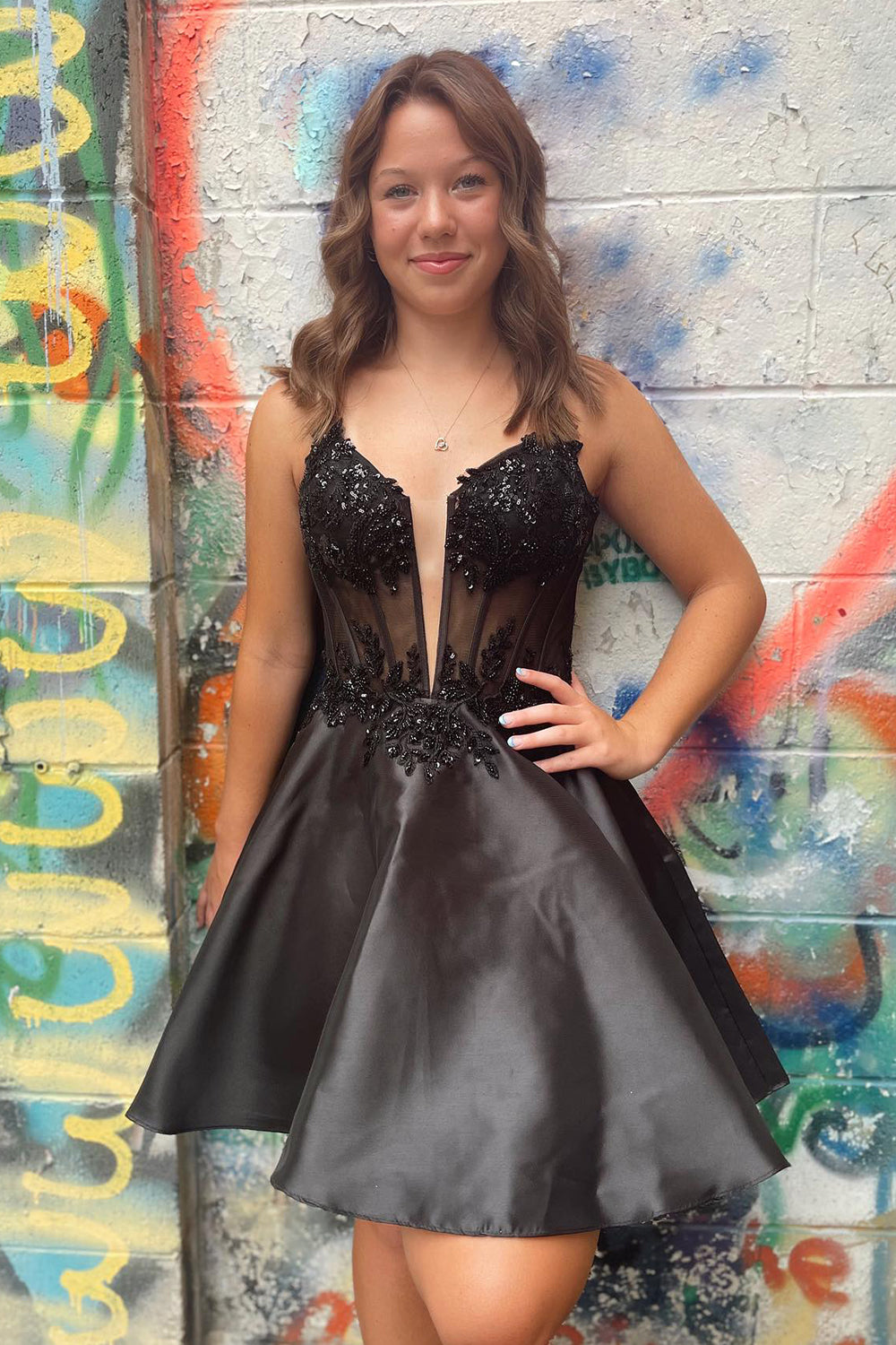 Glitter Black A-Line Satin Short Homecoming Dress with Appliques-BMbridal