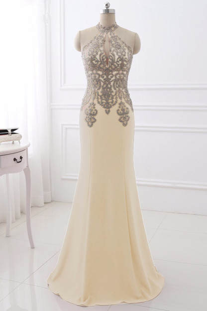 BMbridal Chic High-Neck Sleeveless Black Mermaid Prom Dresses with Appliques Beadings