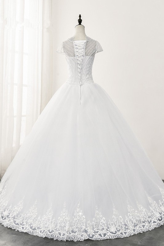 BMbridal Chic Ball Gown Jewel White Tulle Lace Wedding Dress Short Sleeves Rhinestones Bridal Gowns Online-BMbridal