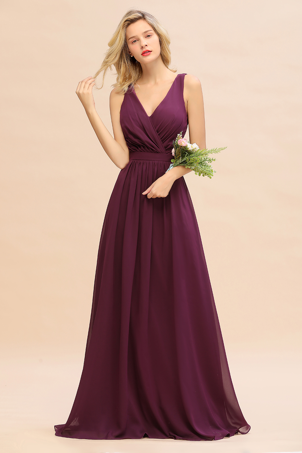 BMbridal Affordable V-Neck Ruffle Long Grape Chiffon Bridesmaid Dress with Bow-BMbridal