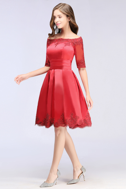 BMbridal Chic Half Sleeve Lace-up Off-shoulder Lace Appliques Short Prom Dress