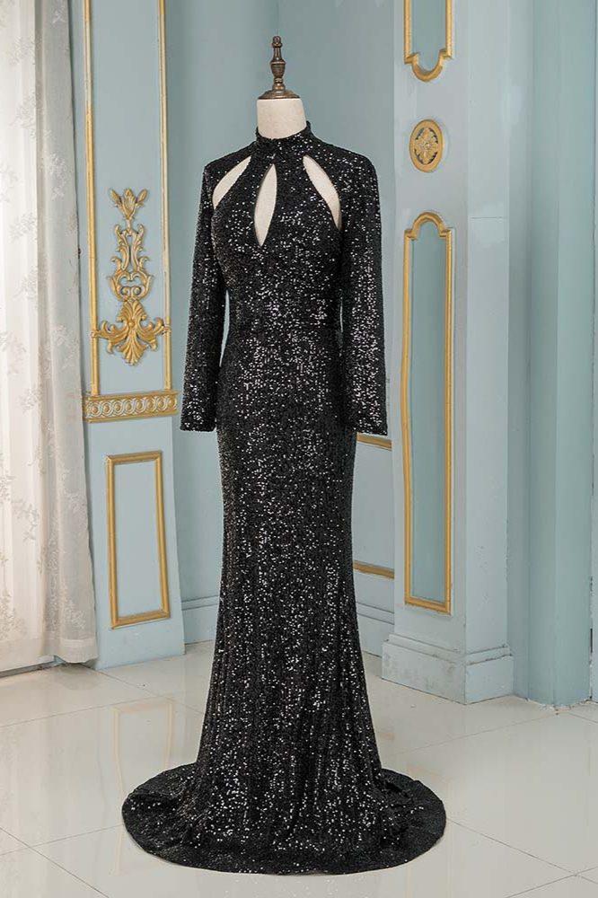 BMbridal Sparkly Sequined High-Neck Black Prom Dresses with Long Sleeves