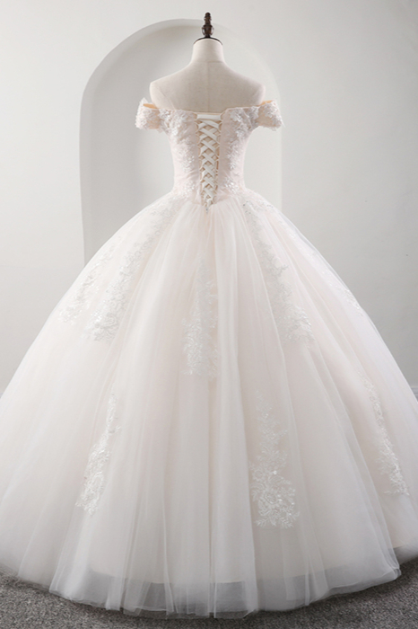 BMbridal Gorgeous Off-the-shoulder Pink A-line Wedding Dresses Tulle Ruffles Bridal Gowns With Appliques Online-BMbridal