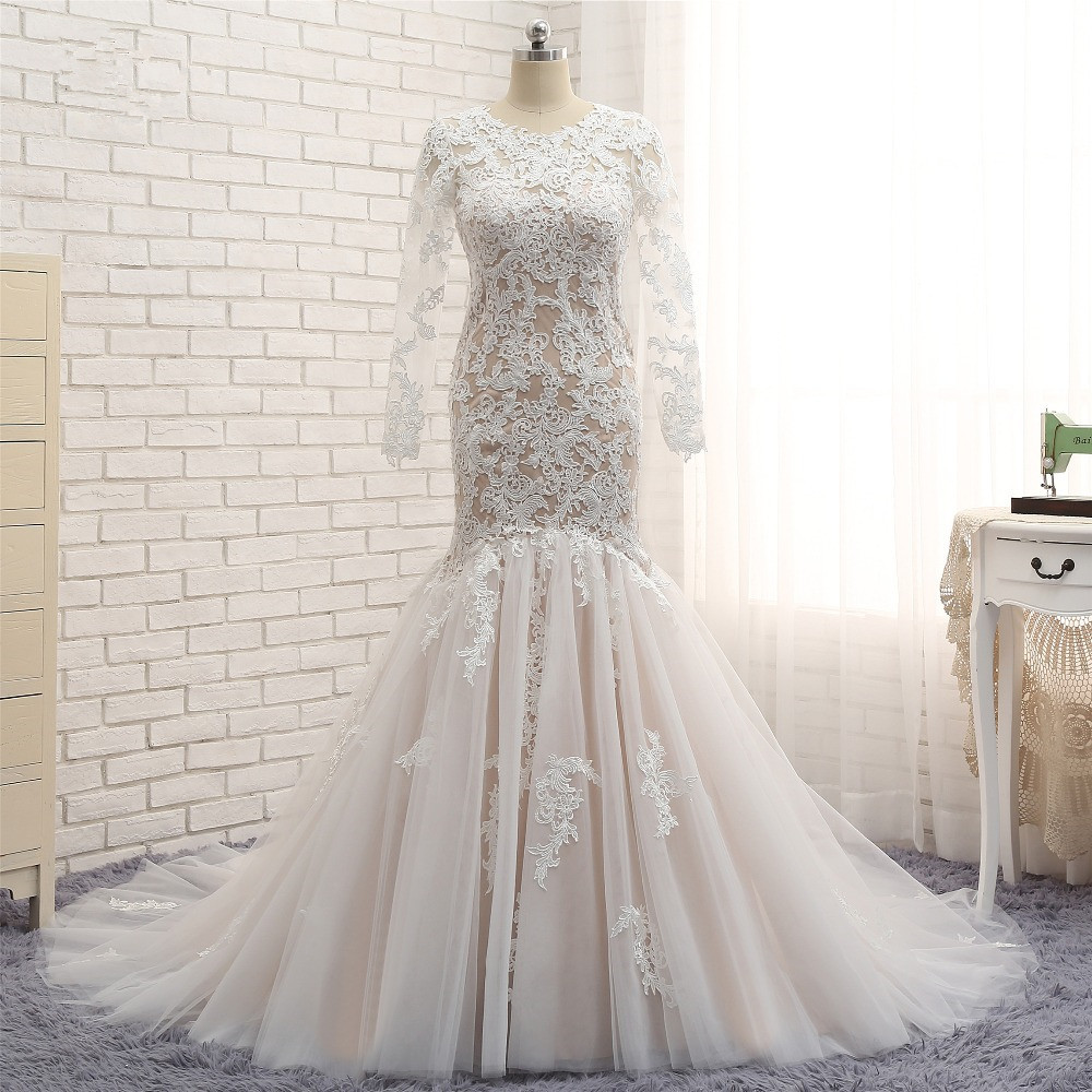 BMbridal Elegant Longsleeves Jewel Mermaid Wedding Dresses Champagne Tulle Bridal Gowns With Appliques On Sale-BMbridal
