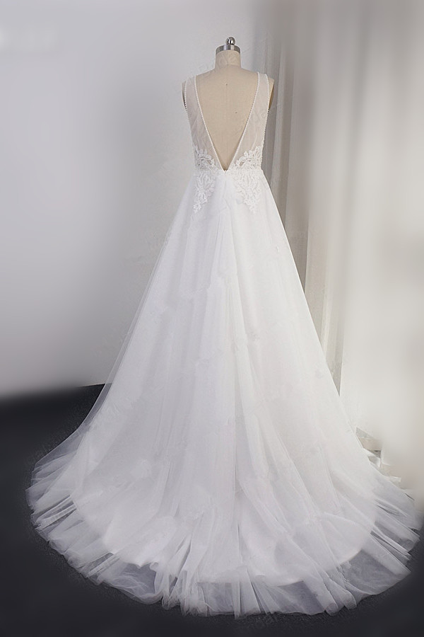 BMbridal Elegant V-neck Tulle White Wedding Dress A-Line Lace Appliques Sleeveless Bridal Gowns On Sale-BMbridal