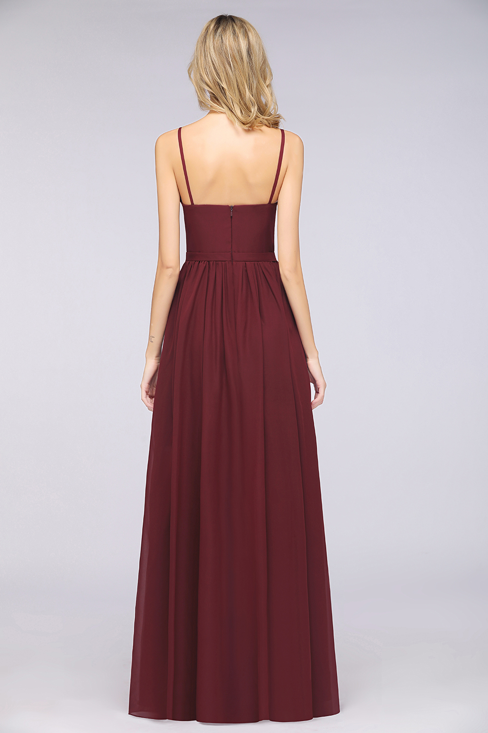 BMbridal Sexy Deep-V-Neck Appliques Burgundy Chiffon Bridesmaid Dress with Slit-BMbridal