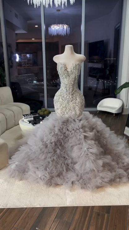 The Silver Cloud - 2026 Crystal Beaded Mermaid Gown: Sweetheart Neckline with Cascading Crystal Fringe & Extravagant White Tulle Cloud Ruffle Train