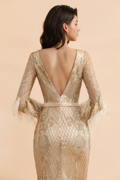 BMbridal Glamorous Jewel Lace Appliques Prom Dresses Long Sleeves Mermaid Formal Dresses with Fur