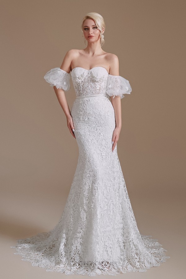 BMbridal Detachable Bubble Sleeves Lace Wedding Dress Mermaid Long-BMbridal