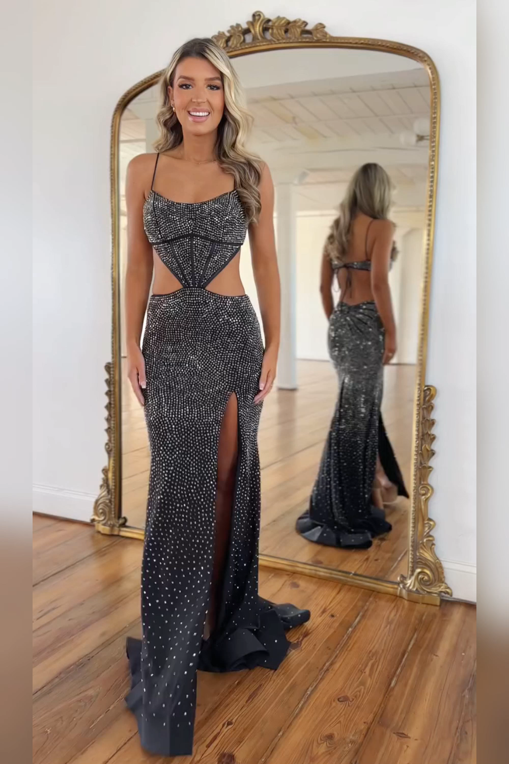 Sparkly Red Spaghetti Straps Cut-out Mermaid Long Prom Dress with Beading