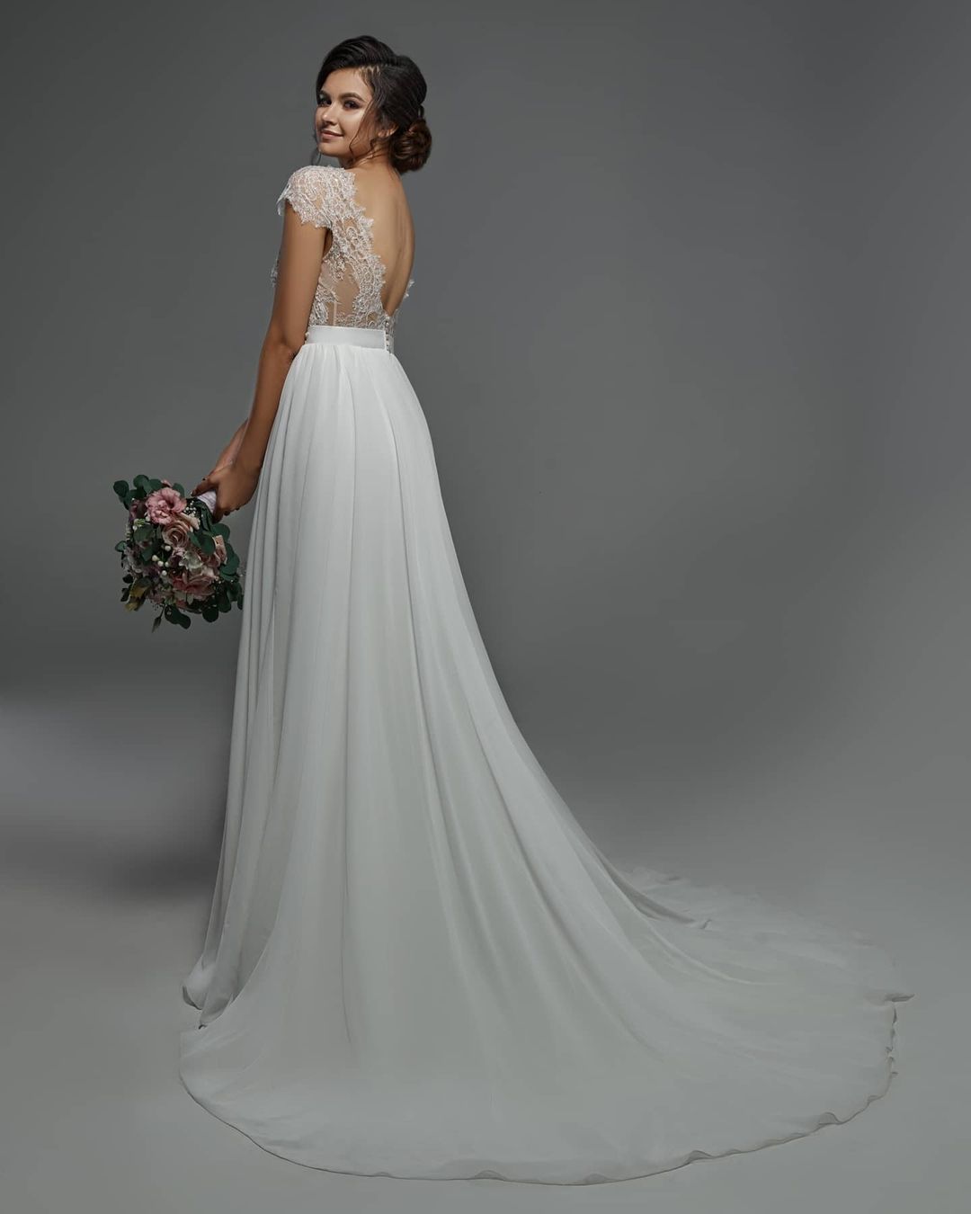 Bmbridal Cap Sleevels Lace Chiffon Wedding Dress Boho Bridal Gown-BMbridal