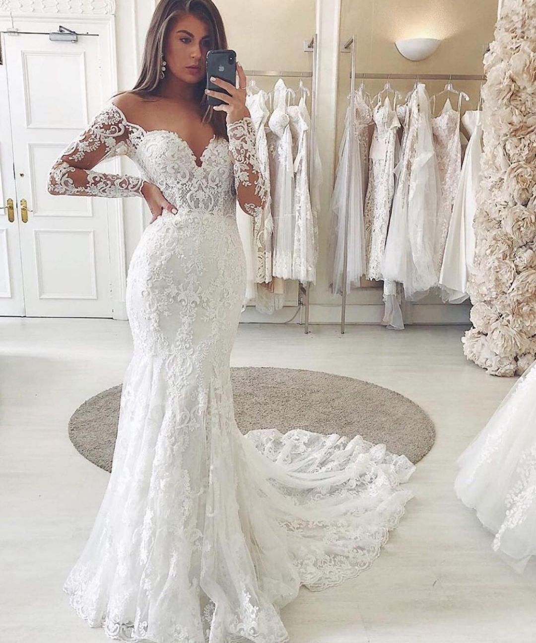BMbridal Long Sleeves Mermaid Wedding Dress Lace V-Neck Bridal Gowns-BMbridal
