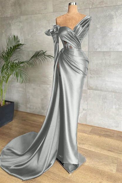 Black One Shoulder Long Sleeve Lace Pleated Long Prom Dress With Side Split