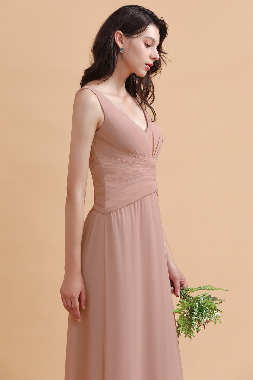 BMbridal V-Neck Dusty Rose Chiffon Bridesmaid Dress with Ruffles-BMbridal