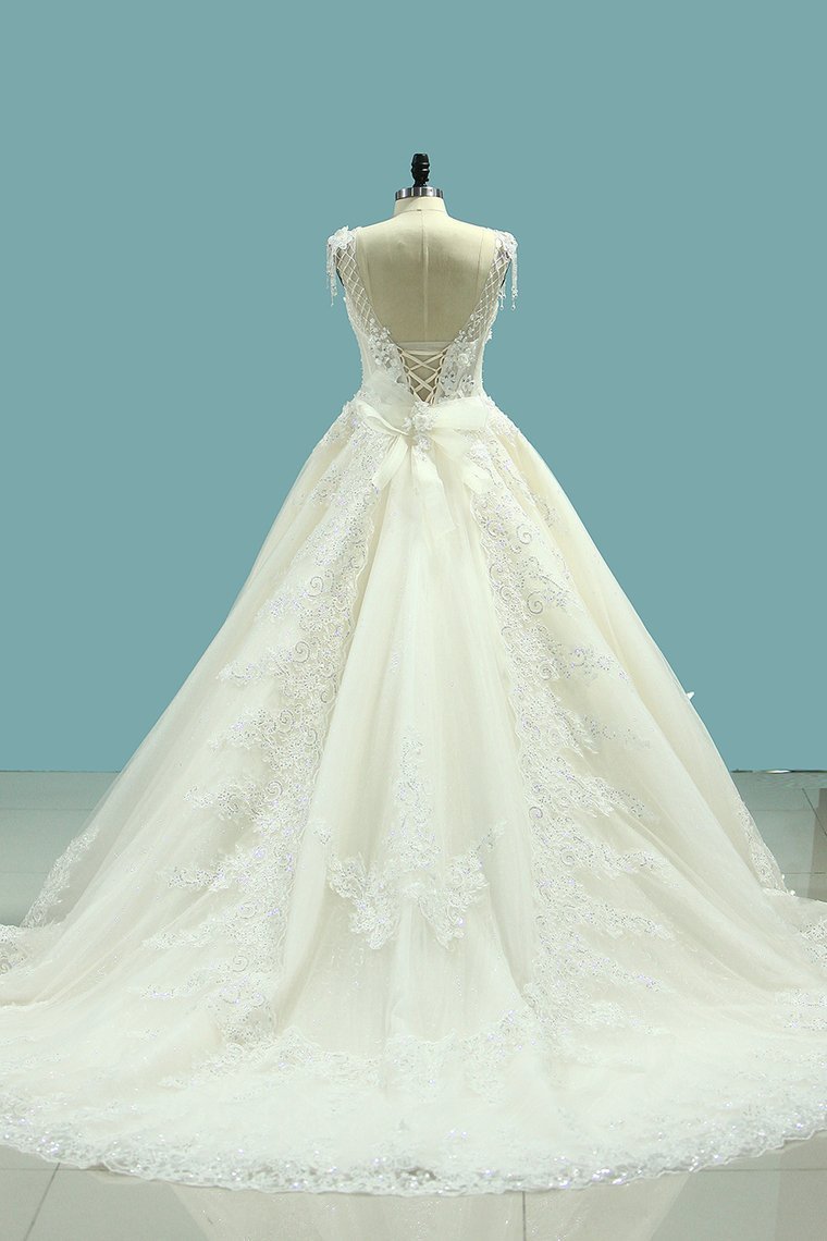 BMbridal Gorgeous Ball Gown Jewel Champagne Tulle Wedding Dress Lace Appliques Beadings Bridal Gowns with Tassels-BMbridal