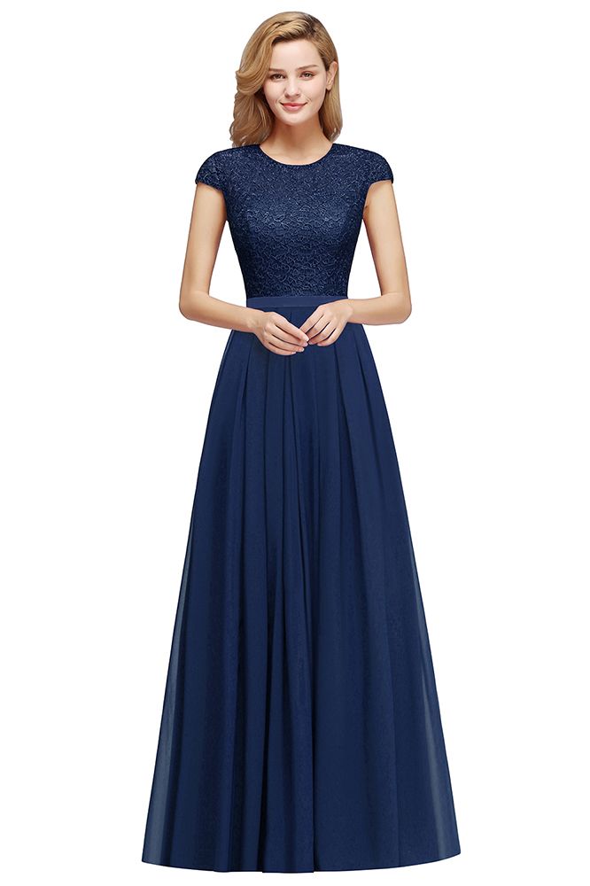 BMbridal A-line Jewel Short Sleeves Chiffon Lace Bridesmaid Dress