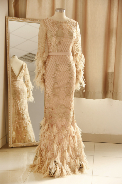 BMbridal Glamorous Jewel Lace Appliques Prom Dresses Long Sleeves Mermaid Formal Dresses with Fur