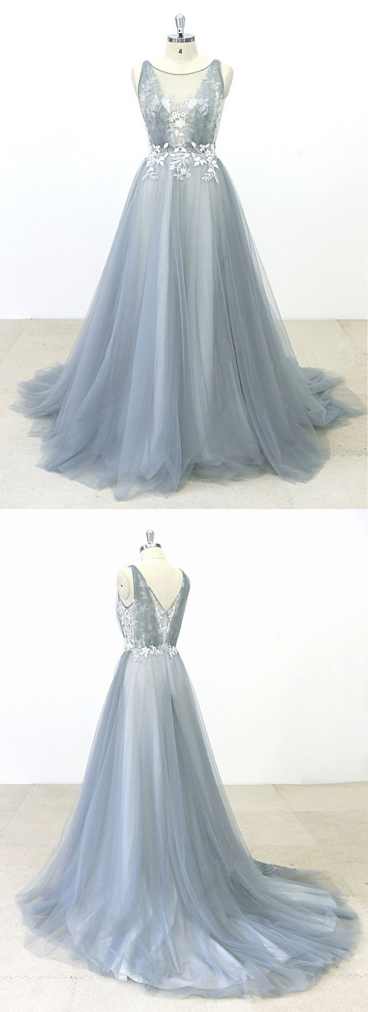 BMbridal Elegant Gray Tulle Round Neck Beach Wedding Dress Jewel Sweep Train Bridal Gowns On Sale