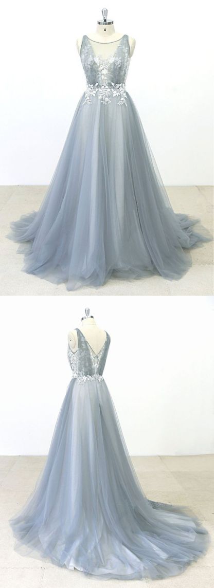 BMbridal Elegant Gray Tulle Round Neck Beach Wedding Dress Jewel Sweep Train Bridal Gowns On Sale
