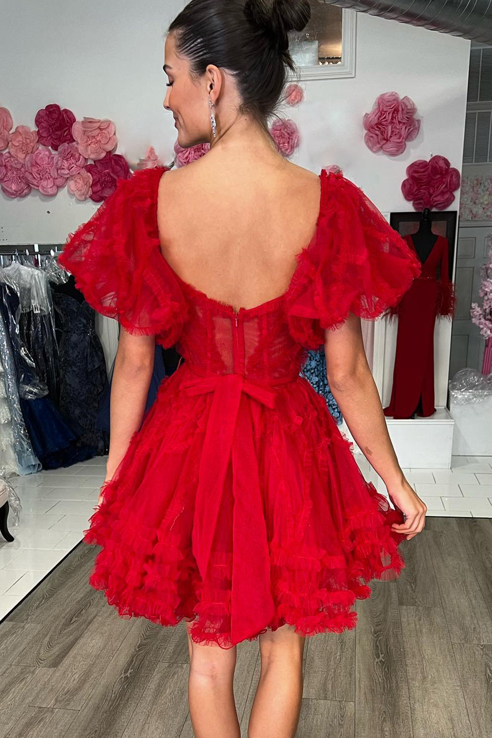 Red Corset A-Line Short Homecoming Dress with Sleeves-BMbridal