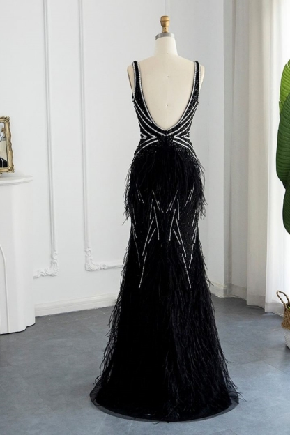 Bmbridal Black Floor-Length V-Neck Sleeveless Prom Dresses with Appliques