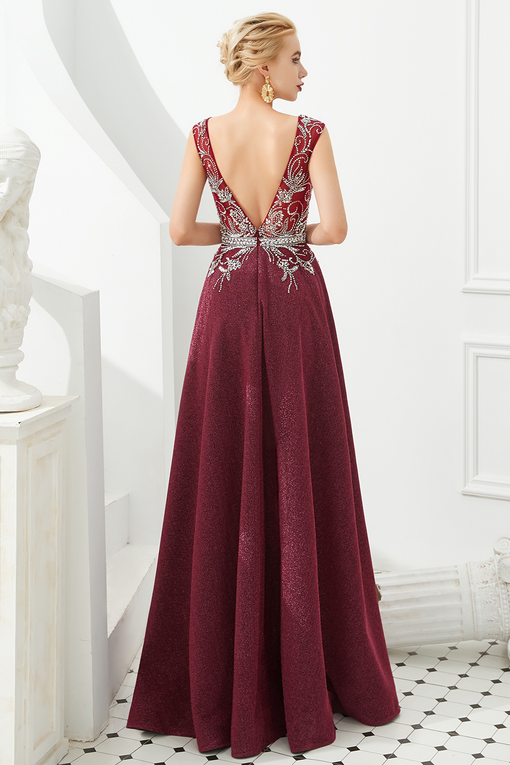 BMbridal Shinning Bugrundy Crystal  Prom Dress Long V-Neck Sleeveless Evening Gowns