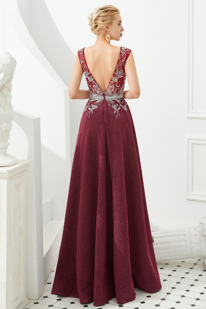BMbridal Shinning Bugrundy Crystal  Prom Dress Long V-Neck Sleeveless Evening Gowns