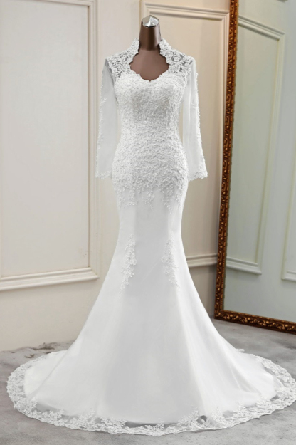 BMbridal Elegant Long Sleeves Lace Mermaid Wedding Dresses Appliques White Bridal Gowns with Beadings-BMbridal