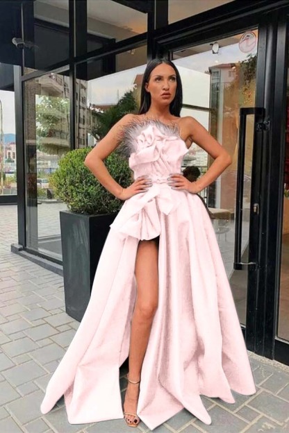 Strapless Sleeveless Long Black A Line Prom Dress High Split With Feather