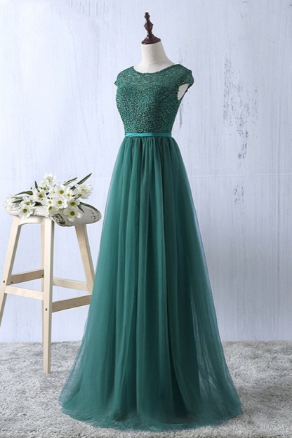 BMbridal Elegant Dark Green Tulle Jewel Prom Dresses Sleeveless with Appliques Online