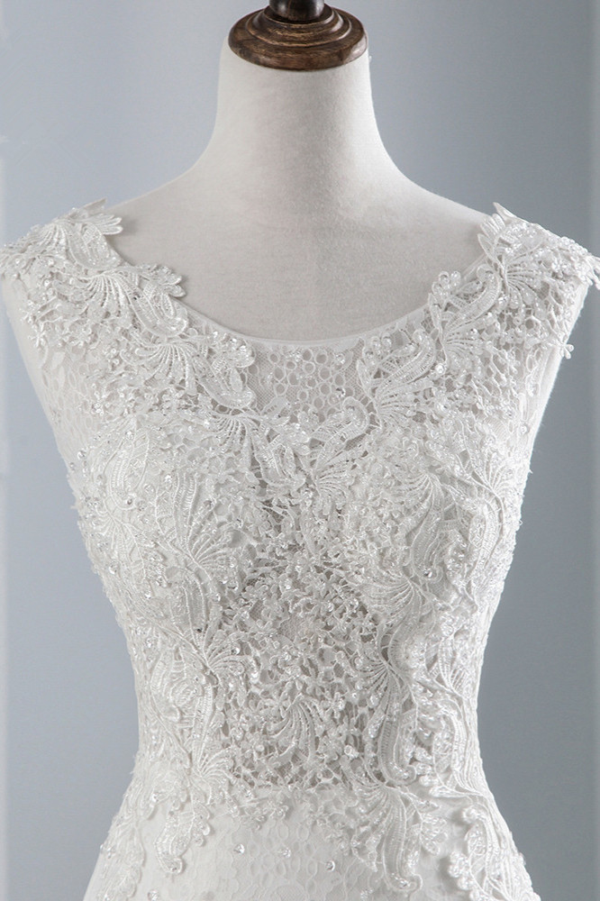 BMbridal Glamorous Jewel Sleeveless Rhinestone White Mermaid Wedding Dresses with Appliques