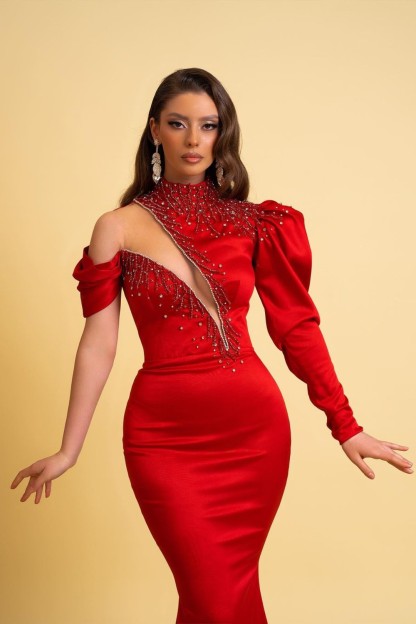 Bmbridal Red Sweetheart Mermaid High Neck Prom Dress With Beadings