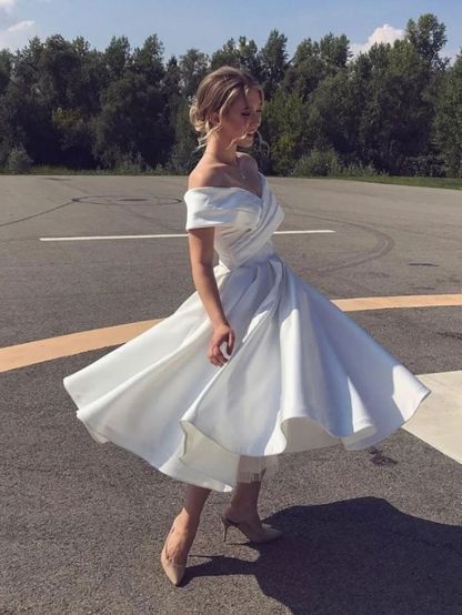 Modest Off-the-Shoulder Short A-Line Satin Wedding Dress with Strapless